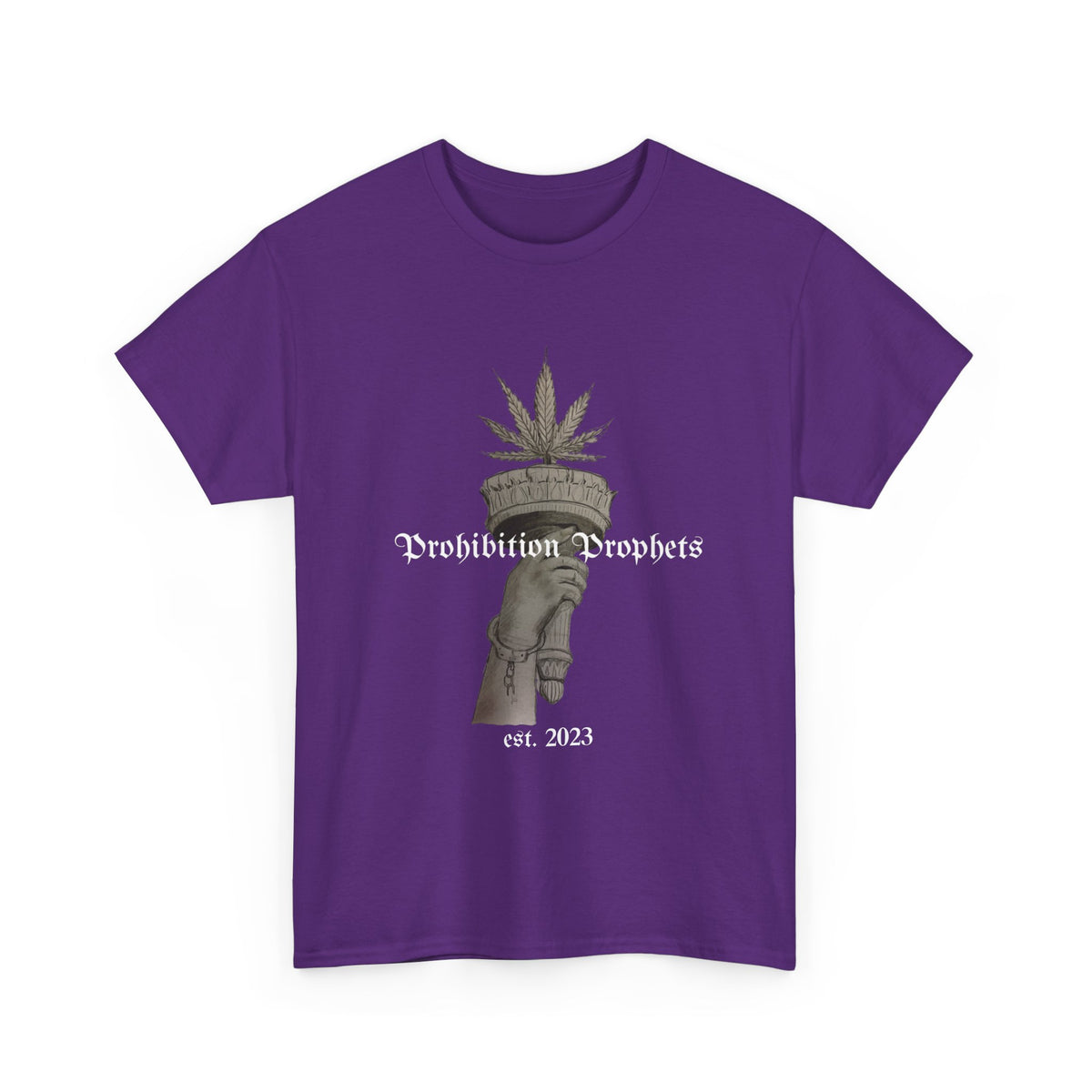 Prohibition Prophets Tee — Statue of Liberty Hand with Cannabis Crown, Est. 2023 Graphic T-Shirt