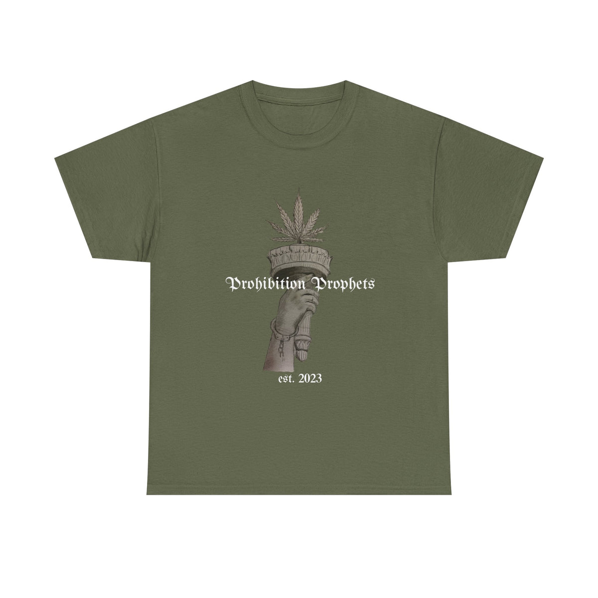 Prohibition Prophets Tee — Statue of Liberty Hand with Cannabis Crown, Est. 2023 Graphic T-Shirt