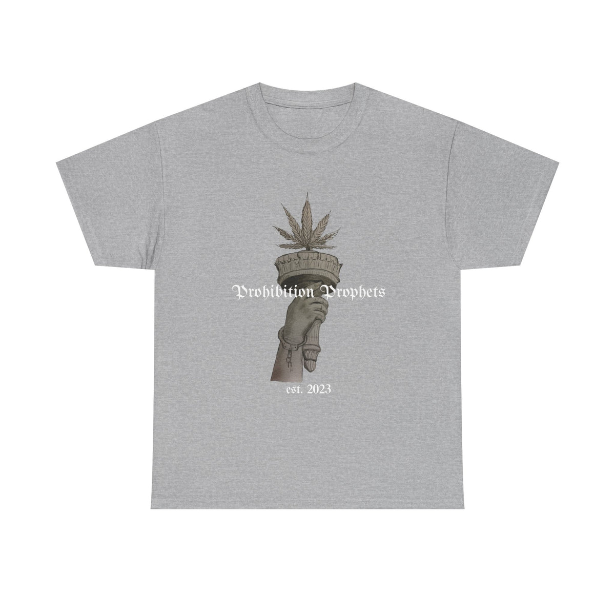 Prohibition Prophets Tee — Statue of Liberty Hand with Cannabis Crown, Est. 2023 Graphic T-Shirt