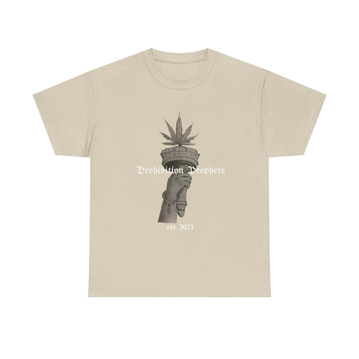 Prohibition Prophets Tee — Statue of Liberty Hand with Cannabis Crown, Est. 2023 Graphic T-Shirt