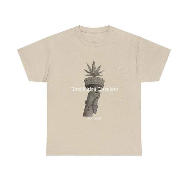 Prohibition Prophets Tee — Statue of Liberty Hand with Cannabis Crown, Est. 2023 Graphic T-Shirt