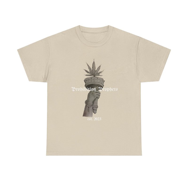 Prohibition Prophets Tee — Statue of Liberty Hand with Cannabis Crown, Est. 2023 Graphic T-Shirt