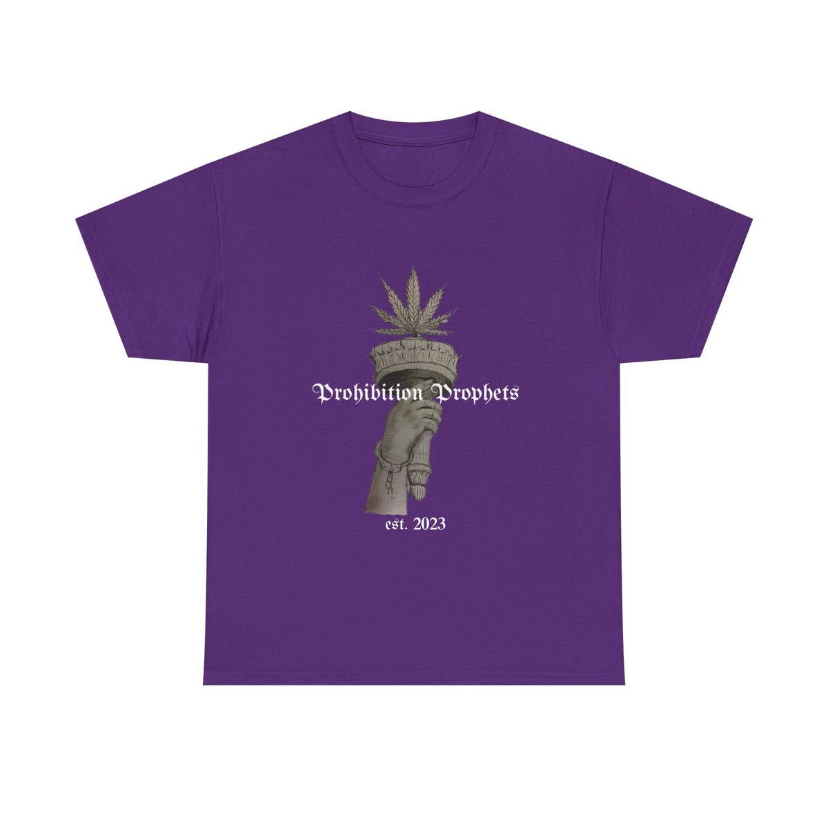 Prohibition Prophets Tee — Statue of Liberty Hand with Cannabis Crown, Est. 2023 Graphic T-Shirt
