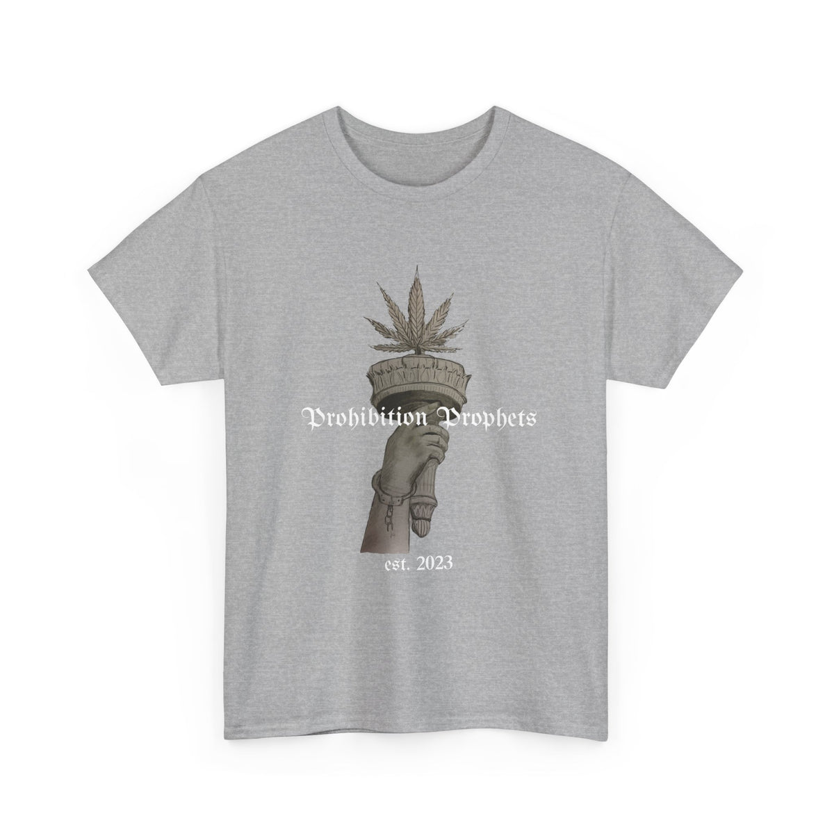 Prohibition Prophets Tee — Statue of Liberty Hand with Cannabis Crown, Est. 2023 Graphic T-Shirt
