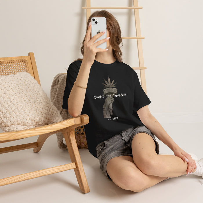 Prohibition Prophets Tee — Statue of Liberty Hand with Cannabis Crown, Est. 2023 Graphic T-Shirt