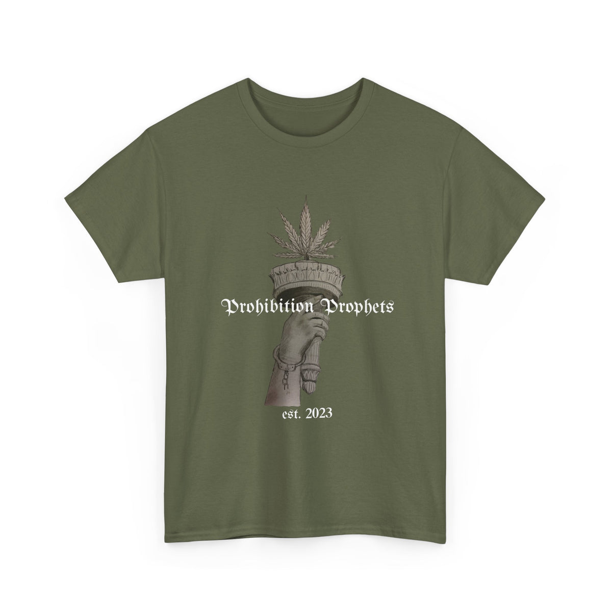 Prohibition Prophets Tee — Statue of Liberty Hand with Cannabis Crown, Est. 2023 Graphic T-Shirt